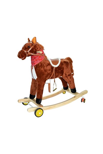 Robentoys Cal balansoar, lemn + pluș, cărămidă/maro, cu roți, 74 cm