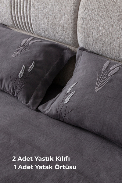 BUGİ HOME COLLECTİON Willow Breeze Desen Çift Kişilik Nakışlı Yatak Örtüsü Seti Şönil Kumaş Punch Nakışlı 240x260cm