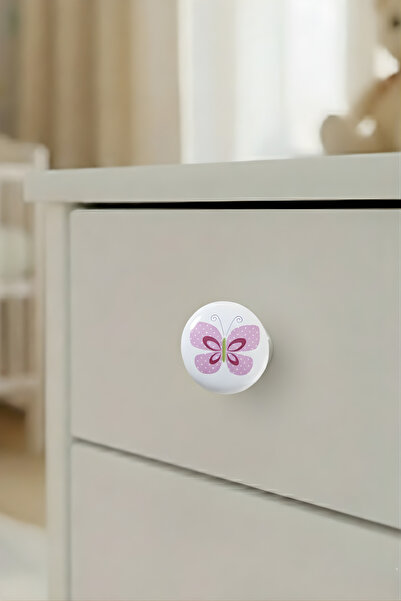 MegaVitrin Porcelain Pink Butterfly Patterned Children's Room Furniture Handle Ceramic Drawer Cabinet Knob