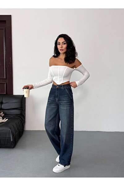 Zeo Basic Жіночі блакитні джинси зі стареним ефектом, висока талія, крій скейтер