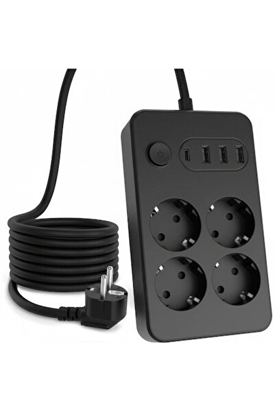 amXea PS-4310-N2B Power Strip Black, 4 sockets, 1x USB-C, 3x USB-A, 5V/2.4A, 2m cable, 2500W, on/off