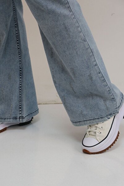 Eslina 9203-1 Plus Size Belted Leg Stone Detailed Jeans - Snow Wash Blue