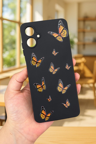 Vip Case Samsung Galaxy A07 Uyumlu Turuncu Kelebek Desenli Silikon Darbe Emici Korumalı Rubber Kılıf