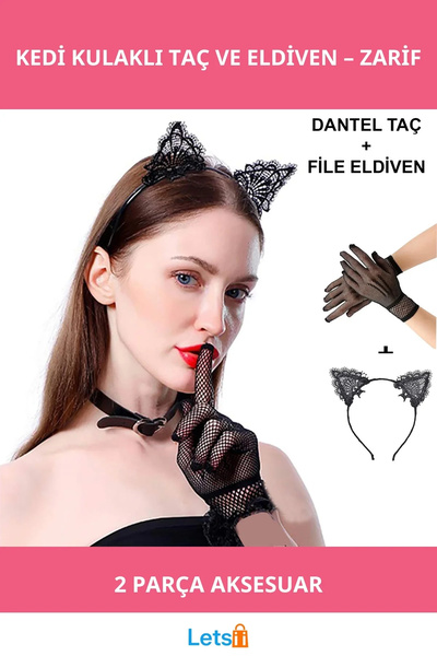 Letsii Siyah Dantel Kedi Kulaklı Taç ve File Eldiven Kombini Parti ve Kostüm ...