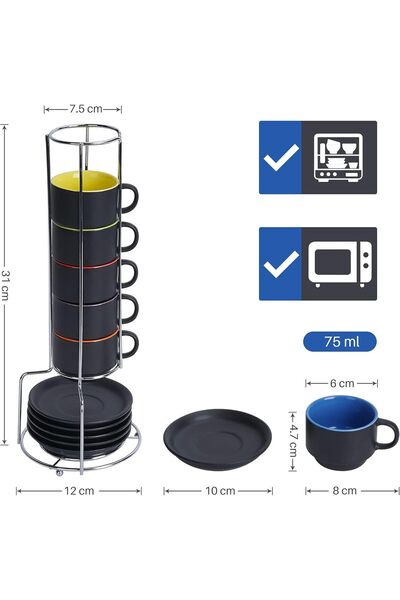 MIAMIO 2.5oz Espresso Cups & Saucers 6-Piece Stackable Ceramic Set (Le Papillon, Multicolor)