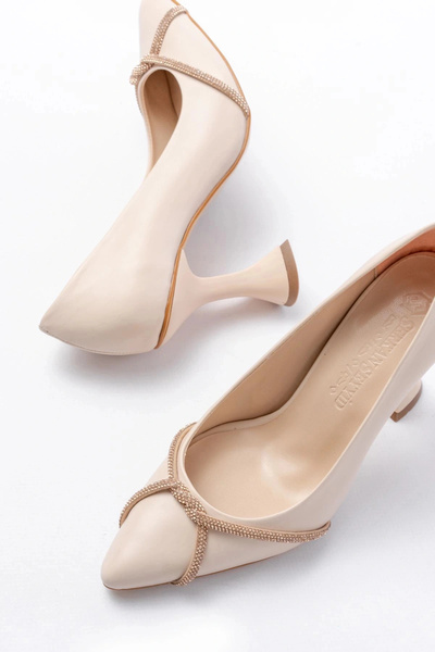 BY ELİZE K-10 Beige Daily Spiral Stone Heeled Women's Shoes