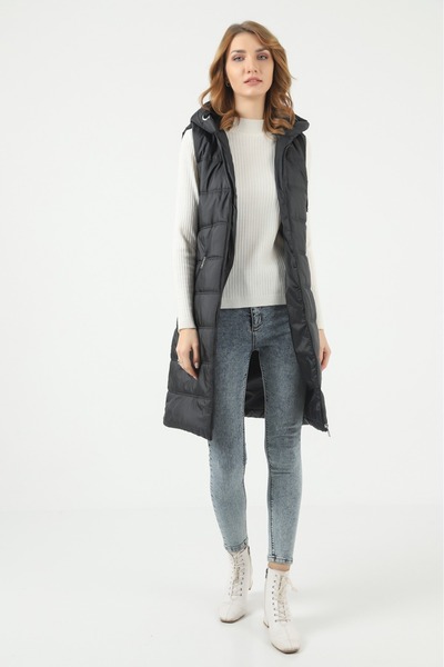 comstar Women's Long Winter Hooded Black Quilted Puffer Vest