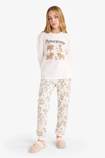 DeFacto F6230A8Bg759 Beige Girls Pajamas Set Printed Long Sleeve Top Long Bottom