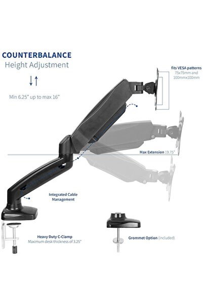 amXea M1 Desk Monitor Stand Black, for 13"-27" monitors up to 7 kg, adjustable arm