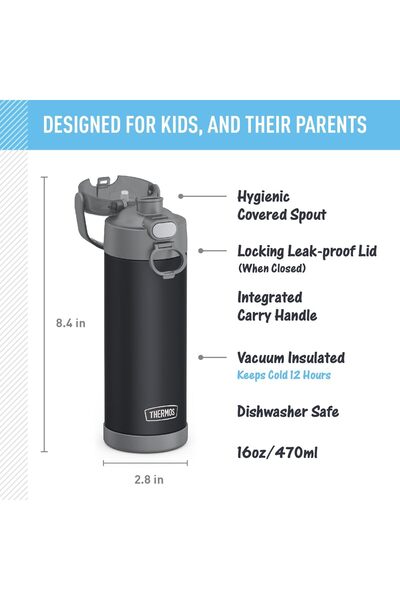 Thermos Funtainer Vacuum Insulated Stainless Steel Water Bottle 473 ml, Charcoal Matte