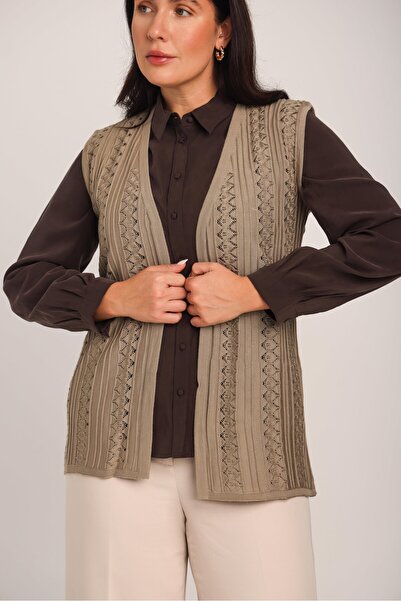 Uludağ Triko Kadın Kum Dantel Desenli İşlemeli Merserize Triko Anne Yelek 30029