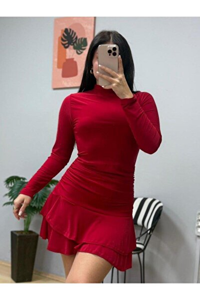 Aymood Women's Long Sleeve Turtleneck Mini Ruffle Sandy Dress