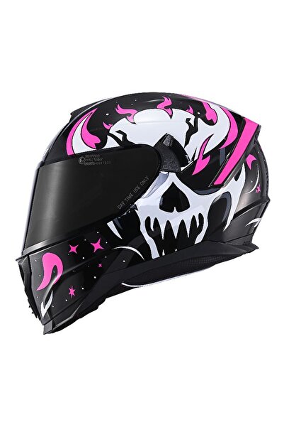 MOTOANL Motosiklet Double ve Güneş Vizörlü Full Face Kask Ce Motor Kaskı Skull