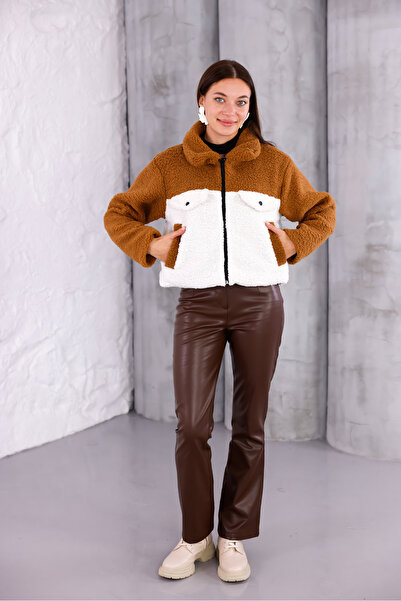 Modayıldızlar معطف نسائي مبطن من القطيفة بلونين بني وأبيض