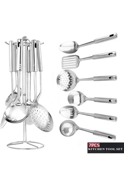 BERGER Stainless Steel 7-Piece Kitchen Utensil Set with Holder, Silver