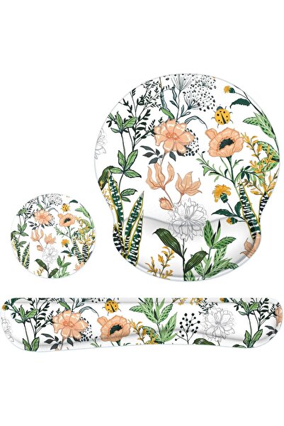 KASTWAVE Mouse Pad with Memory Foam Wrist and Keyboard Wrist Rests - Non-Slip, Floral Design