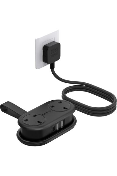 Orico Travel Power Strip — 2 Outlets, 3 USB Ports (1 USB-C), 3250W/13A, Compact Rollable (Black)