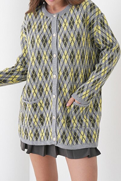 VAGGON Women's Butter Yellow Diamond Patterned Buttoned Pocketed Knitwear Cardigan Vs01445