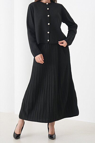 VAGGON Crew Neck Buttoned Cardigan and Pleated Midi Skirt Set