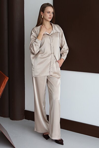 VAGGON Women's Stone Buttoned Oversized Satin Shirt Vs01428