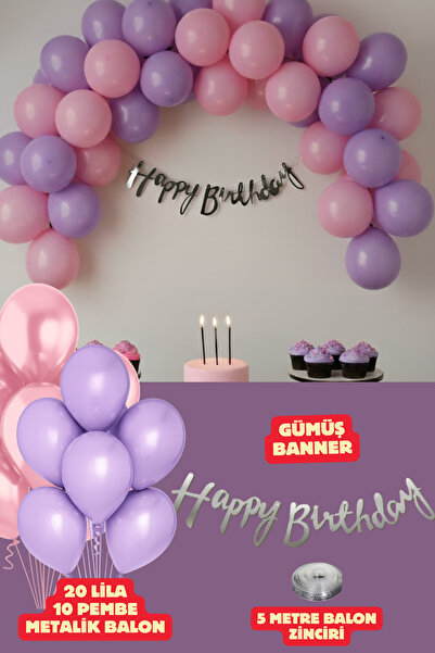 Baloncu Nene Ασημένιο σετ μπαλονιών για χαρούμενα γενέθλια με ροζ-λιλά μπαλόνια στολίδια για πάρτι γενεθλίων