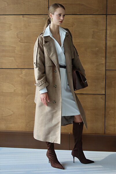 VAGGON Women's Beige Button Closure Belted Trench Coat Vs01431