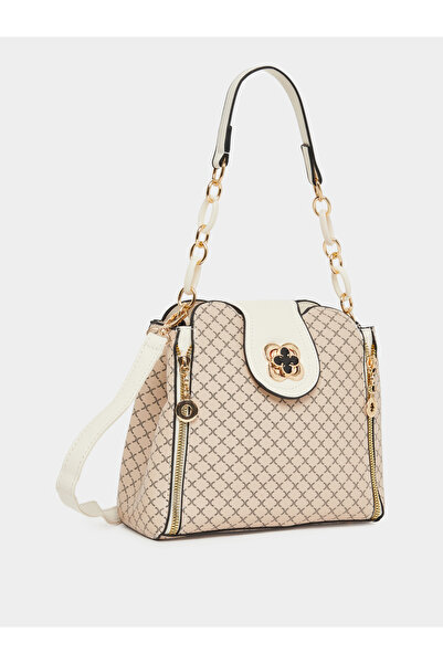 Take Two By Styli Beige Patterned Shoulder Bag with Zip Detail