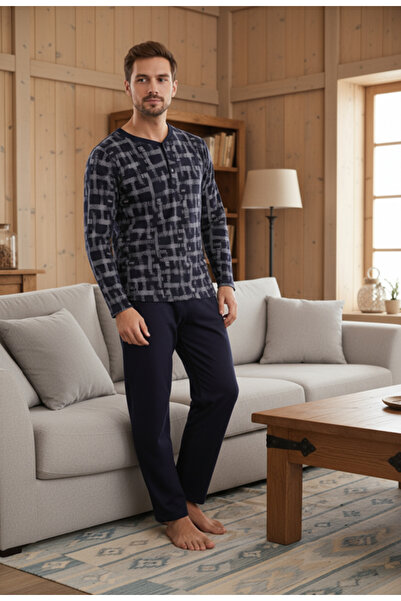 Bravie Σετ πιτζάμες ανδρικής χτενισμένης βαμβακερής ύφασμα 100% βαμβάκι με κουμπιά στο λαιμό 9709 Σκούρο σχέδιο