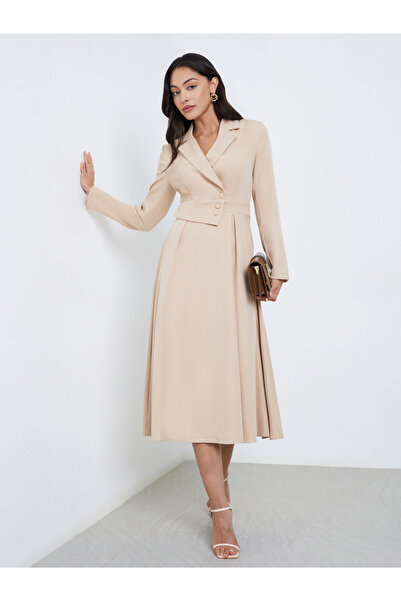Styli Beige Long Sleeves Blazer Midi Dress