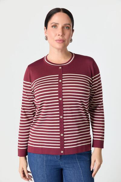 accort Büyük Beden Çizgili Triko Kazak-BORDO