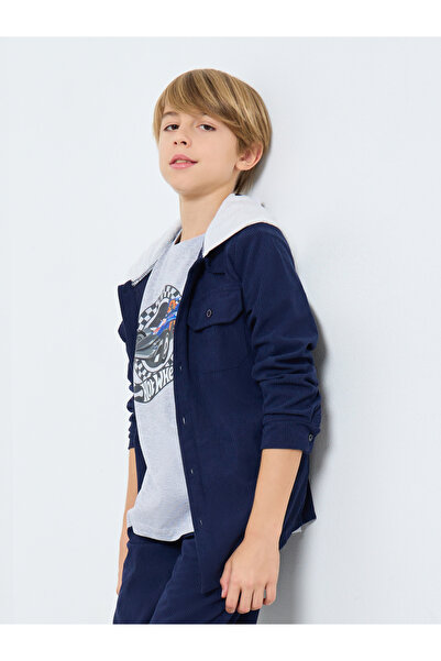 Styli Teens Navy Blue Corduroy Hooded Shacket