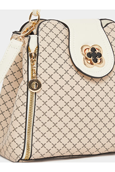 Take Two By Styli Beige Patterned Shoulder Bag with Zip Detail