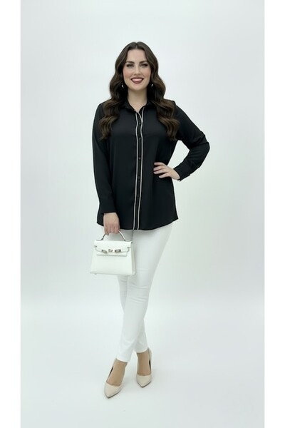 Koza Butik Women's Large Size Long Sleeve Front Break Piped Detail Flowy Fabric Shirt 1991