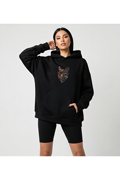 Bheka Concept سويت شيرت نسائي أسود قصة فضفاضة بغطاء رأس – نمط قطة ملونة