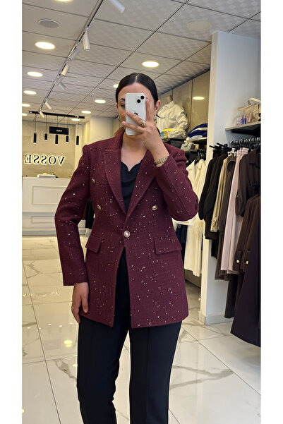 Vosse Moda İlgi Bordo Simli Tüvid Blazer Ceket