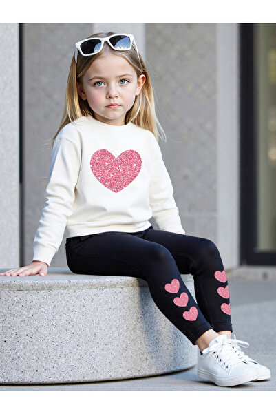 Take Two By Styli Girls Heart Print Sweatshirt and Leggings Set