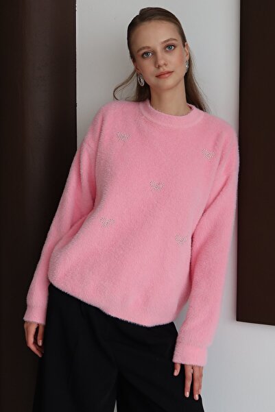 VAGGON Women's Pink Crew Neck Wide Sleeve Soft Sweater Vs01432
