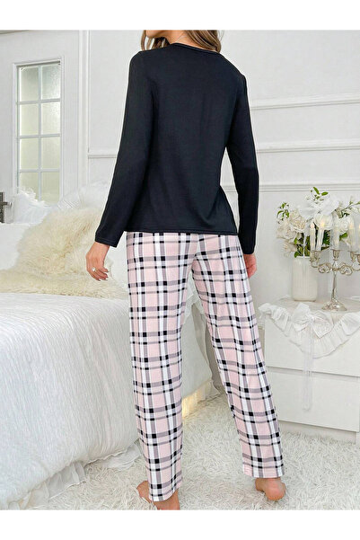 Take Two By Styli Text Print T-Shirt and Checked Pyjama Set