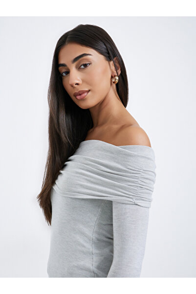 Styli Women Grey Bardot Neck Flat Knit Top