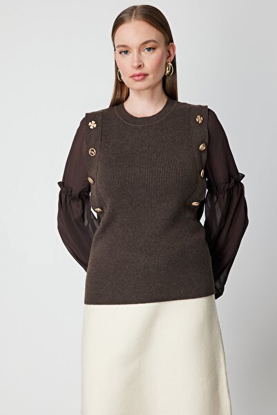 ON Balloon Sleeve Ornament Buttoned Knit Sweater