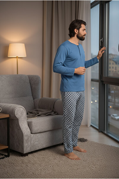 Bravie Σετ πιτζάμες ανδρικής χτενισμένης βαμβακερής ύφασμα 100% βαμβάκι με κουμπιά στο λαιμό 9703 Μπλε