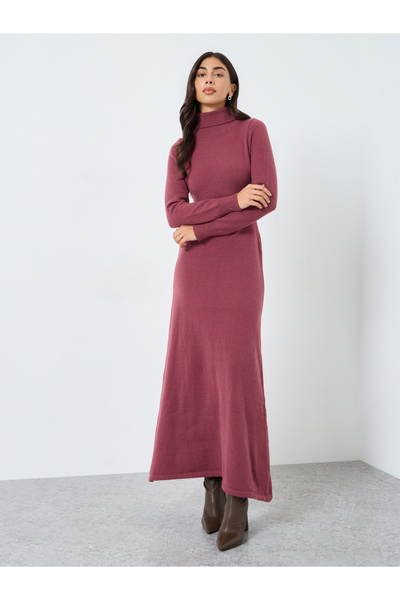 Styli Burgundy Roll-Up Neck Sweater Maxi Dress