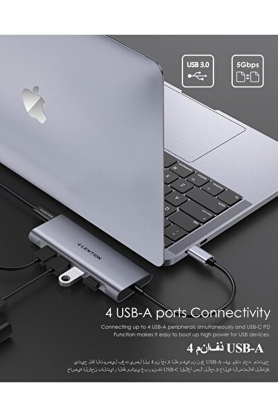 LENTION موزع USB-C متعدد المنافذ مع HDMI بدقة 4K، وPD بقوة 100 وات، و4 منافذ USB 3.0، وشحن من النوع C (CB-C35، رمادي فضائي)