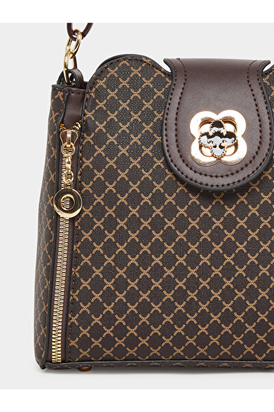 Take Two By Styli Brown Patterned Shoulder Bag with Zip Detail