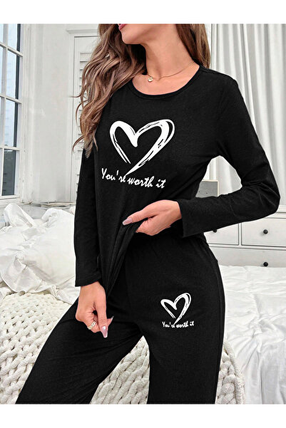 Take Two By Styli Black Heart Print Long Sleeve T-Shirt and Pyjama Set