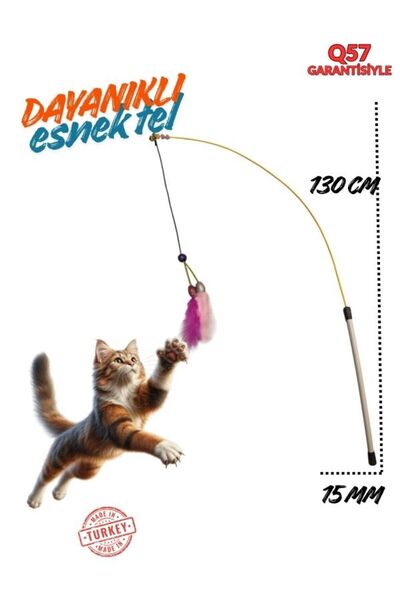 Q57 Kedi Oltası Elastik Tüylü Çanlı Ponponlu Peluş Kedi Oyuncağı 130cm Karışı...