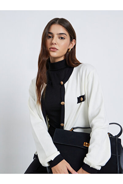 Styli Off White Regular Fit Cardigan with Contrast Trim