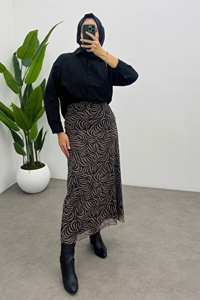 Yefrastore Women's Brown Zebra Printed Zippered Maxi Tulle Skirt with Back Elastic Detail