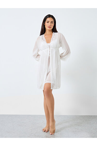 Take Two By Styli Lace Cup Mesh Slip Dress and Robe Set