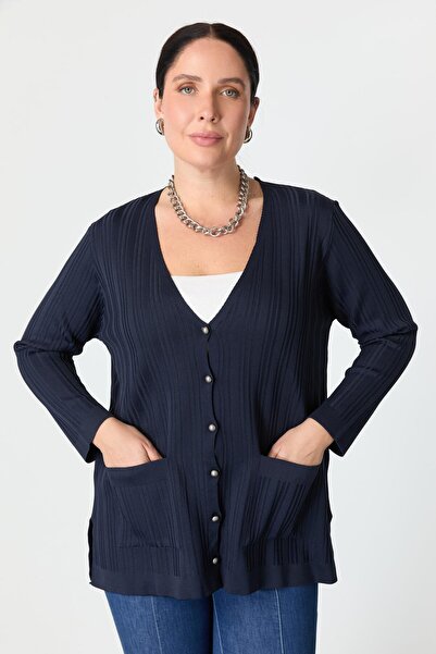 accort Büyük Beden Kendinden Desenli Triko Hırka-LACI